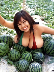 Fuko posing her watermelons tits next to real watermelons!