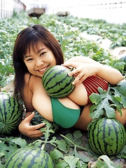 Fuko posing her watermelons tits next to real watermelons!