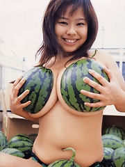 Fuko posing her watermelons tits next to real watermelons!